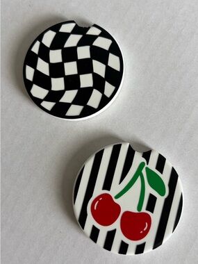 Handmade Ceramic Car Coasters | Black and White Designs | Cherry and Checker